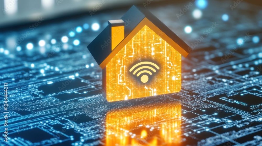 Poster a smart home cybersecurity concept with a glowing secure wi-fi network shield.