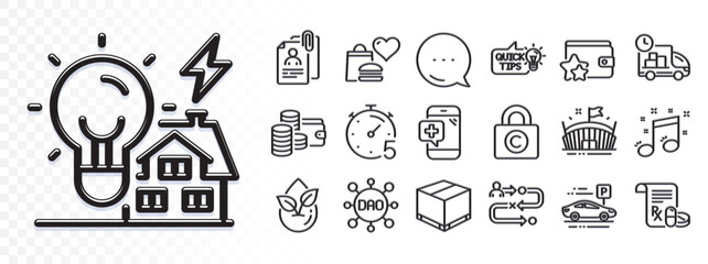 Interview documents, Musical note and Medical prescription line icons for web app. Glare of light effect. Message icon. Pack of Delivery box, Loyalty program, Car parking pictogram icons. Vector