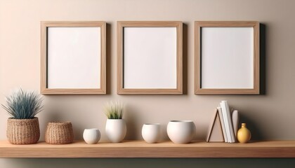 Three blank picture frames wall art posters on a wooden shelf with decorative items mockup