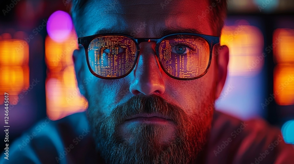 Poster innovative and efficient software engineer sitting at workstation with glowing screens and data refl