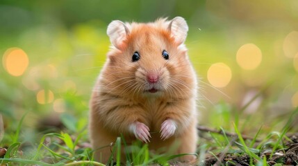 A curious golden hamster standing on grass with a soft bokeh background during sunset