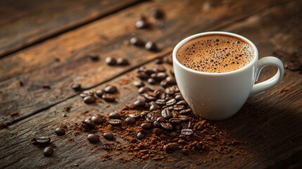 Obraz premium Rustic coffee cup on a wooden table surrounded by coffee beans