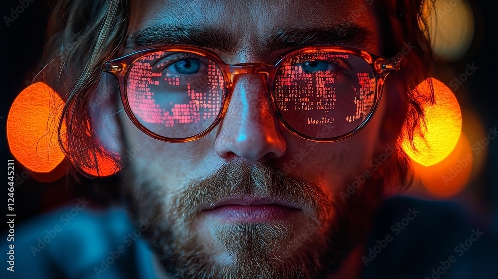 Poster software engineer seated at glowing monitors code and data streams reflecting in glasses