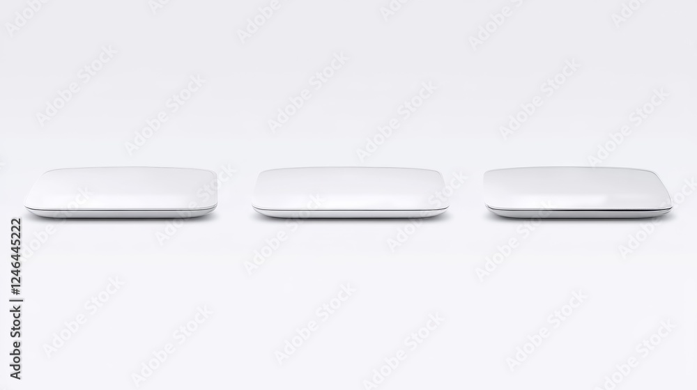 Poster three white rectangular devices arranged in a row
