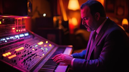 Fototapeta premium Man in suit playing keyboard in recording studio.