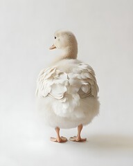 Fluffy white duckling standing gracefully against a soft, neutral background, evoking tranquility