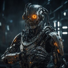 Fototapeta premium A post-apocalyptic cybernetic warrior with a robotic arm and a glowing cyber eye.