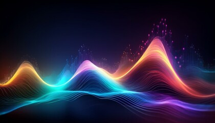 Futuristic sound wave concept design particles glowing waves background; abstract multicolored holographic vibrant wallpaper