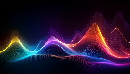 Futuristic sound wave concept design particles glowing waves background; abstract multicolored holographic vibrant wallpaper