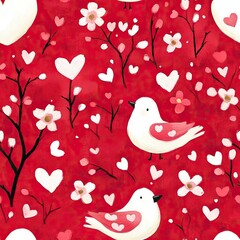 Obraz premium Hand-Drawn White Dragons and Pink Hearts on Red Background in Artistic Style