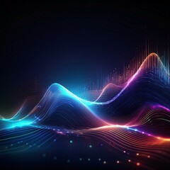 Futuristic sound wave concept design particles glowing waves background; abstract multicolored holographic vibrant wallpaper