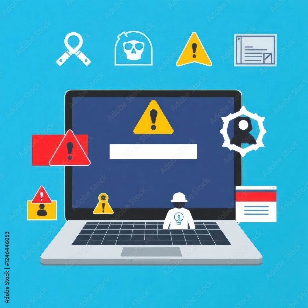 Aufkleber collection of computer hacking icon. system error warning on laptop. emergency alert of threat by ma