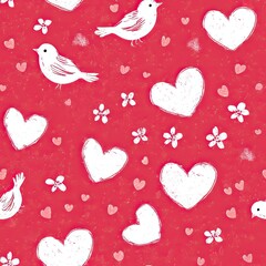 Hand Drawn White Dragons, Hearts, Small Birds, Pink Background with Floral Accents