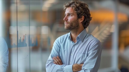 Professional man analyzing data trends in a modern office setting during daytime