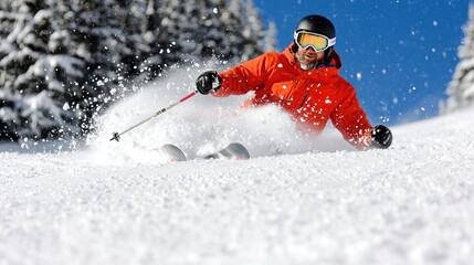 Skier carving turns, snowy mountain, winter sports