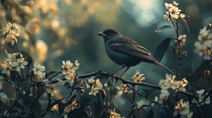 Obraz premium Delicate bird perched among blossoms in soft natural light