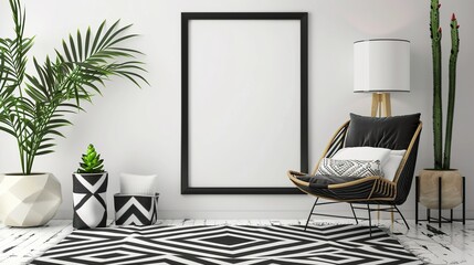 A bold black frame in a monochrome room with geometric decor.  HD 8K mockup wallpaper Photographic Image