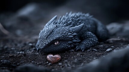 Obraz premium Tiny Black Dragon with Heart, Dark Fantasy Artwork
