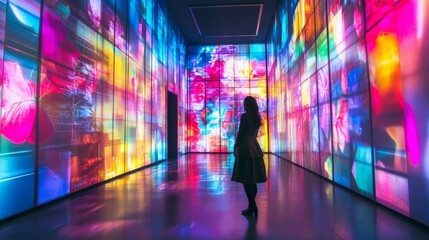 Vibrant hallway of neon lights with a silhouette of a walking woman