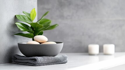 Spa Relaxation Stones, plant, towels, candles