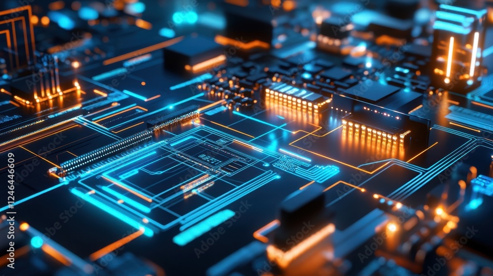 Poster futuristic artificial intelligence technology represented by a d glowing neural network.