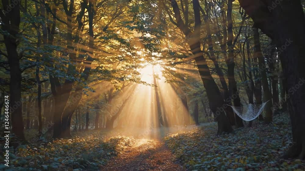 Aufkleber Sunlight filters through trees in a peaceful forest at dawn, creating a serene atmosphere for morning walks