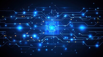 Obraz premium Futuristic AI technology with a glowing blue circuit brain, symbolizing deep learning, on a dark modern backdrop.