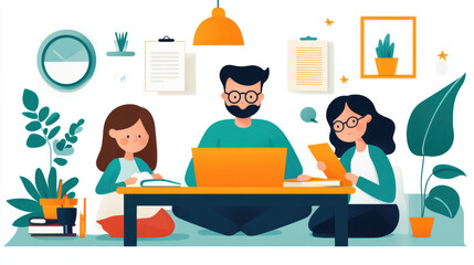 Our beloved family, 3D illustration of parents assisting their children, showcasing family support and care in a high-fidelity design.