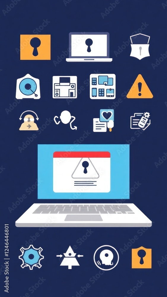 Aufkleber collection of computer hacking icon. system error warning on laptop. emergency alert of threat by ma