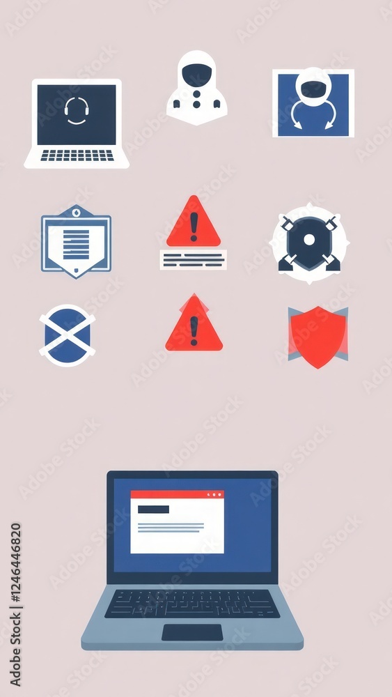 Aufkleber collection of computer hacking icon. system error warning on laptop. emergency alert of threat by ma