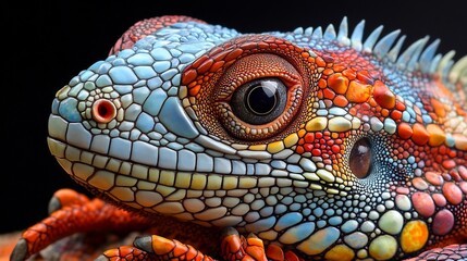 Fototapeta premium Vibrant Rainbow Iguana Portrait: A Close-Up of Nature's Masterpiece