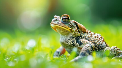 Obraz premium Colorful toad resting on vibrant green grass under soft natural light in a serene garden