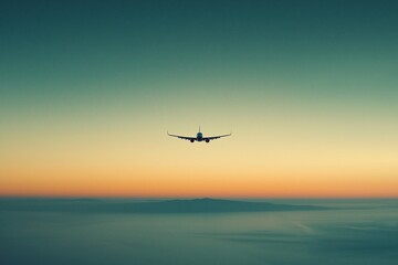 Obraz premium Airplane flying above clouds at sunset. Travel brochure or website background