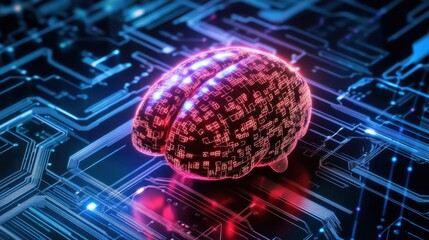 Machine learning algorithm visualized as glowing binary code on a sleek, high-tech background.