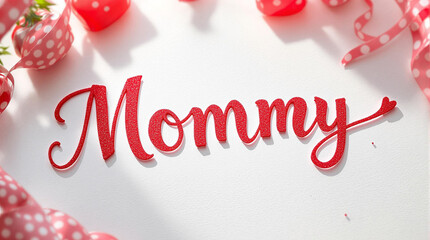 Mommy decoration with red glittery text surrounded by ribbons on a light background