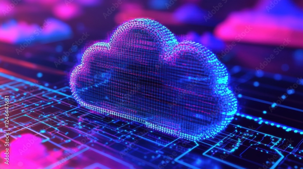 Poster secure cloud backup storage concept with a futuristic shield overlaying a digital cloud.