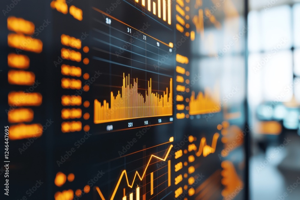 Poster a digital display shows financial data with orange graphs and charts, representing trends and analyt