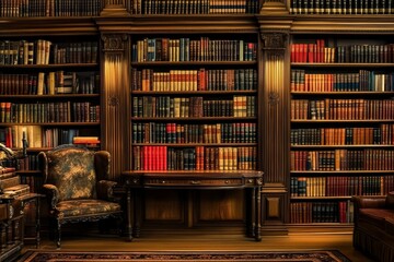 Grand bookshelves brimming with classic literature and historical volumes.