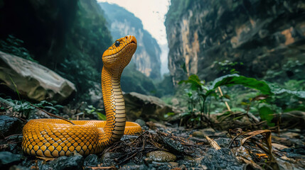 Fototapeta premium Majestic Yellow Cobra Rises Quietly From the Ground in Lush Green Mountain Canyon
