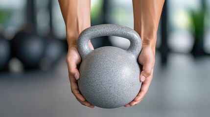 Naklejka premium Hands firmly holding a kettlebell showcase dedication to strength training on a gym floor, highlighting fitness commitment.
