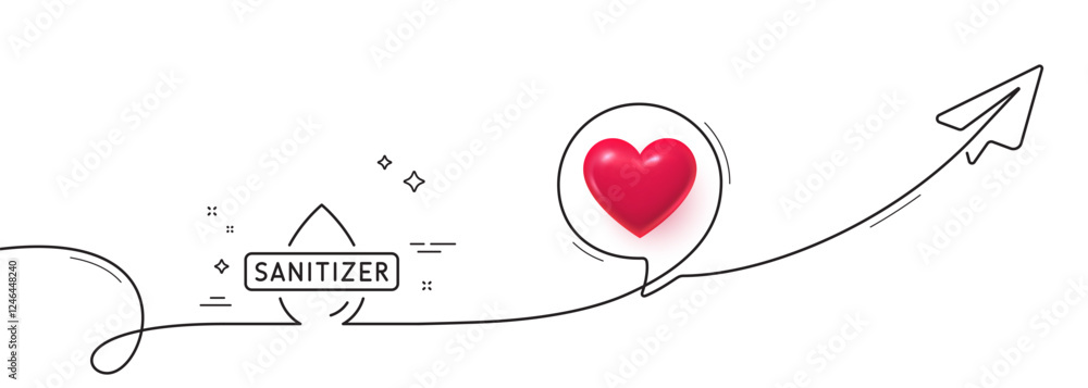 Poster hand sanitizer line icon. continuous line with share plane. sanitary cleaning sign. washing hands sy