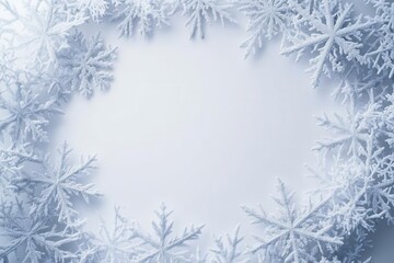 magical winter border design with intricate crystalline snowflakes of varying sizes creating a frosty frame against pure white