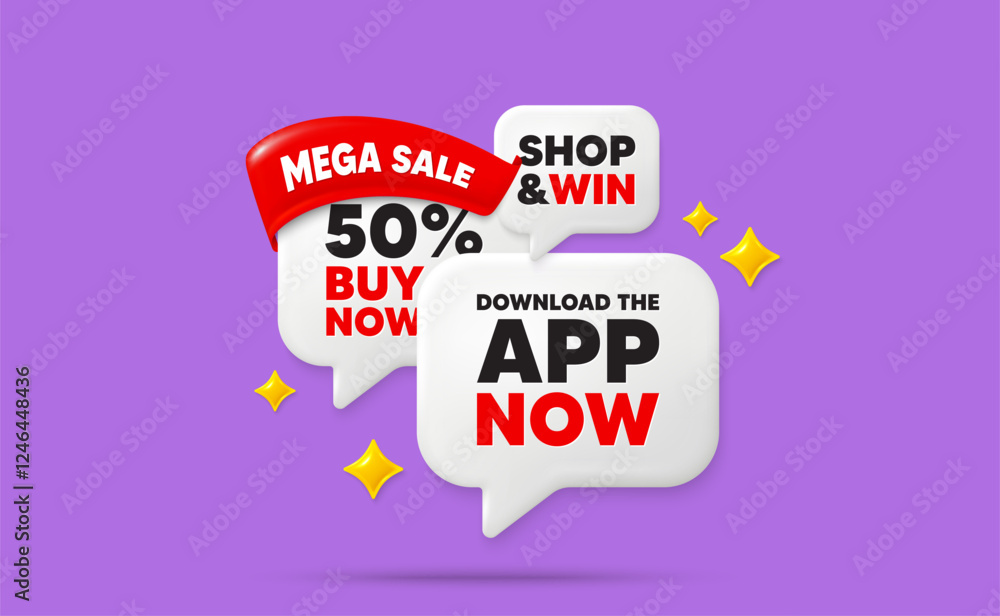 Poster download app speech bubbles. mega sale flag ribbon. download the app now. web application sign. get 