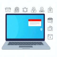 Collection of computer virus detection icons. System error warning on a laptop. Emergency alert of threat by malware, virus, trojan, phishing, or hacker. Creative antivirus concept. Vector flat style.