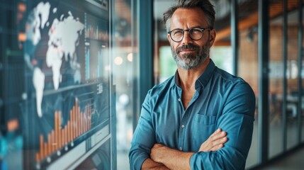 Business professional analyzes data trends in modern office with digital displays and a collaborative atmosphere