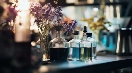 Rustic bar counter with vintage bottles and fresh flowers in sunlight