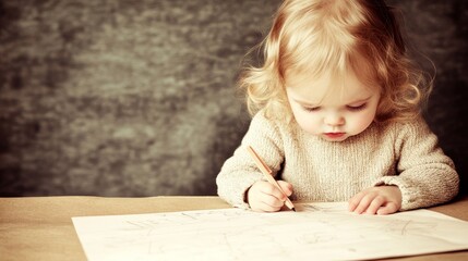 Naklejka premium Toddler Girl Drawing on Paper at Table