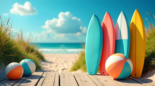 Vibrant Beach: Surfboards and Balls Awaiting Fun Under the Blue Sky and Gentle Ocean Waves