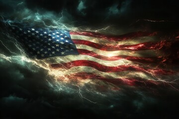 majestic american flag billowing against dramatic storm clouds, dynamic motion, patriotic sunburst lighting