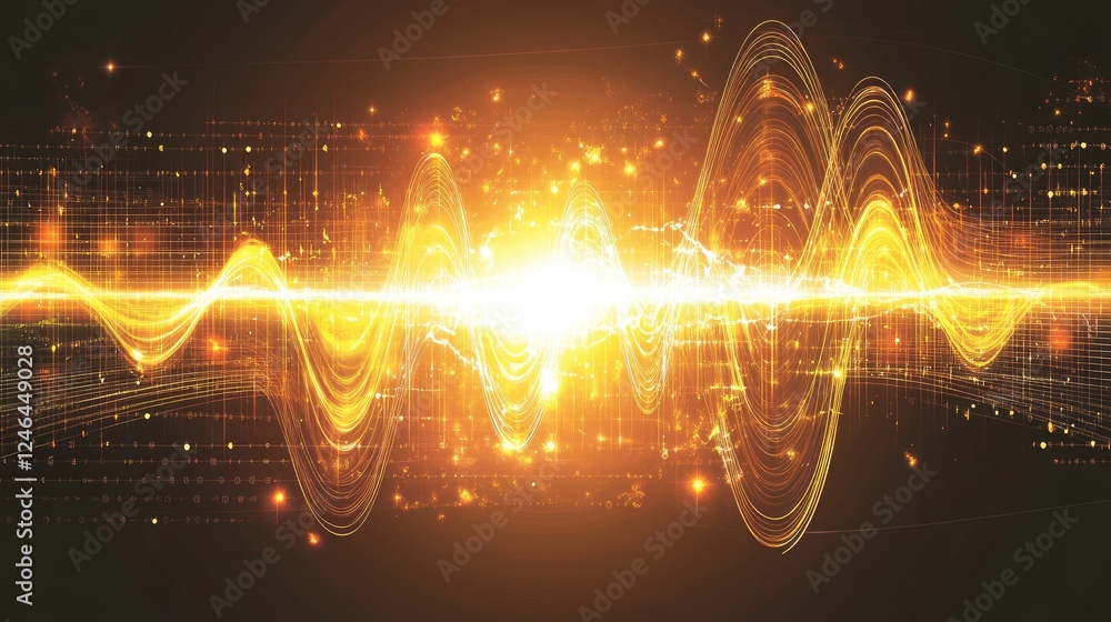 Poster quantum computing background with bright glowing qubits and energy waves in motion.